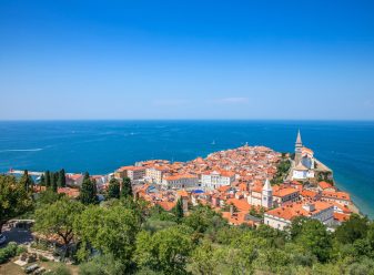 A high angle view of the town Piran, Slovenia on the body of the Mediterranean